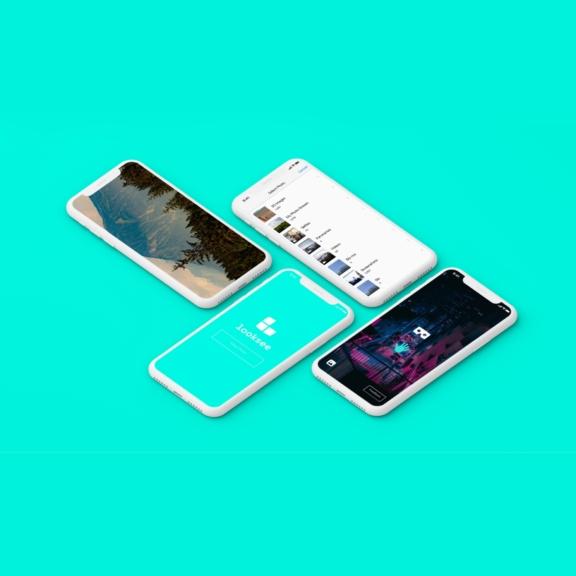 Four smartphone mockups on a turquoise background with app and lock screens