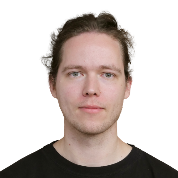 Headshot of a young man with medium-length hair wearing a black shirt