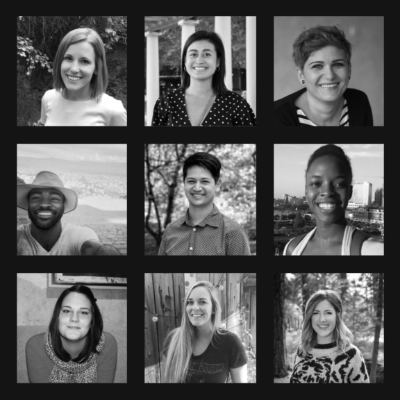Grid of nine black-and-white team headshots on a dark background