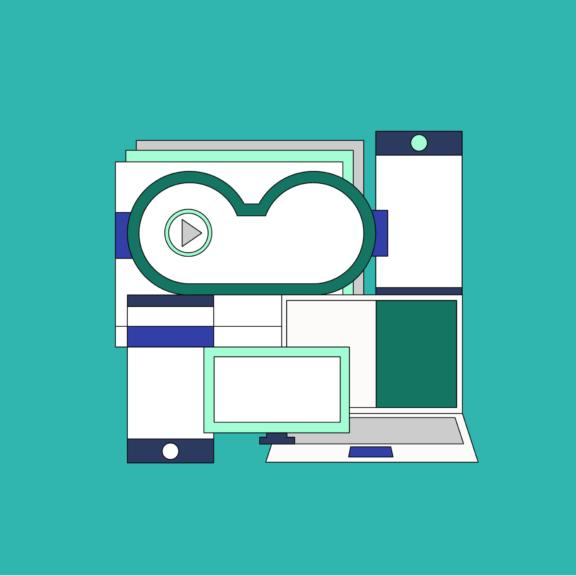 Square flat illustration of cloud storage and device screens on teal
