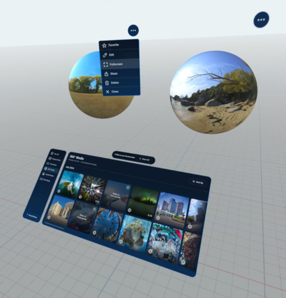 VR media browser with 360 photo spheres and a floating context menu