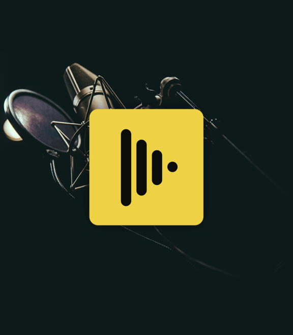 Studio microphone with pop filter and a yellow audio waveform icon