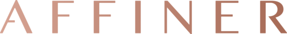 AFFINER wordmark in pale peach lettering on black background