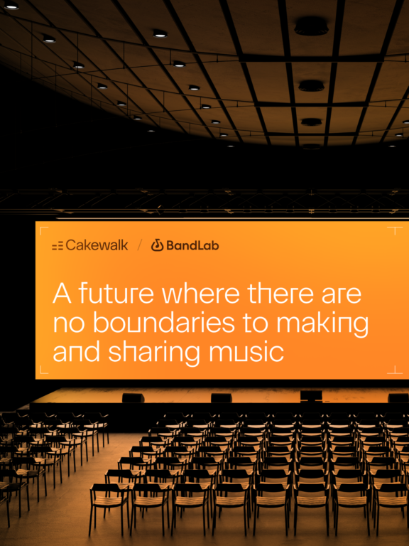 Wide auditorium view with orange Cakewalk and BandLab presentation screen