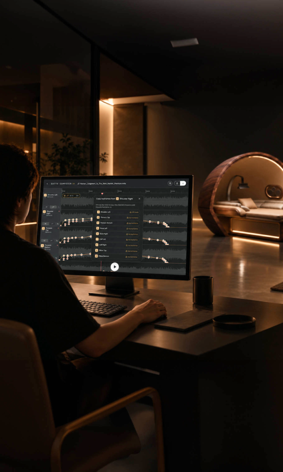 Wide crop of a desktop Composer interface with an illuminated bed pod in the background.