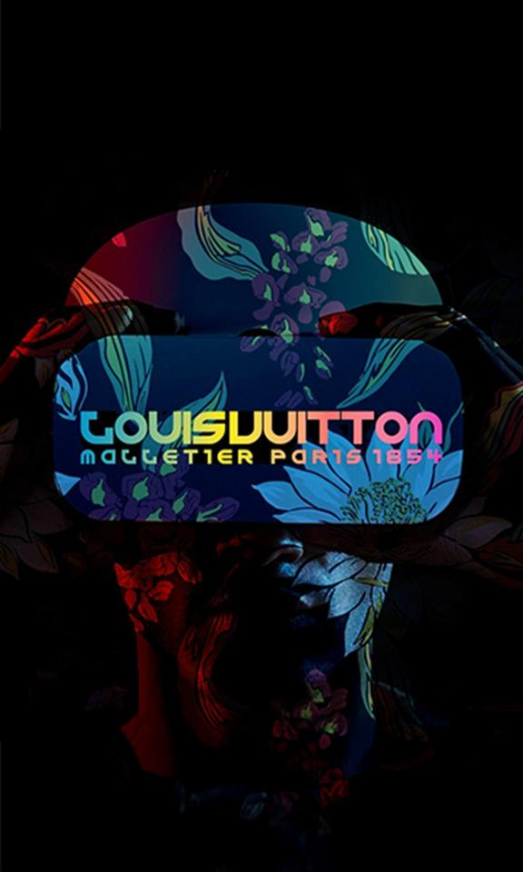 Louis Vuitton-branded floral virtual reality headset in dramatic lighting