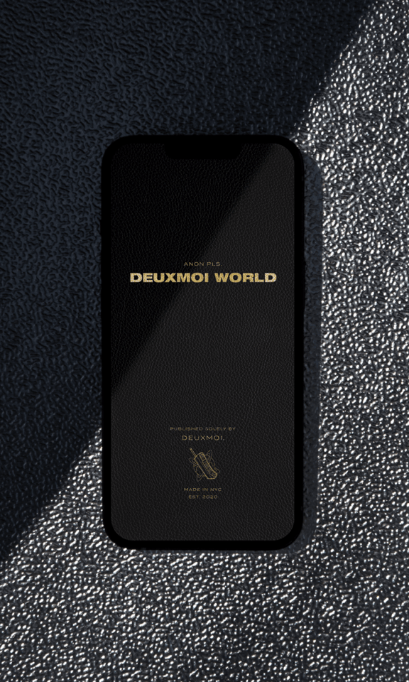Phone with Deuxmoi World splash screen on textured black surface