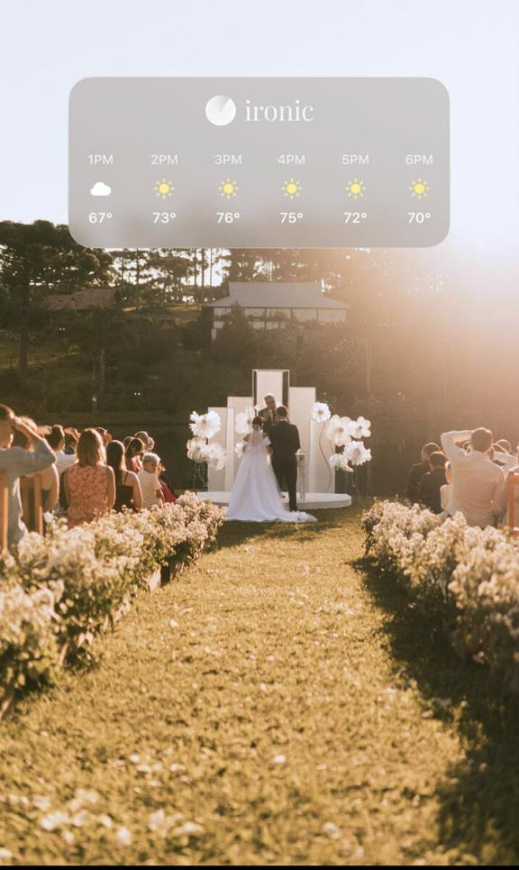 Outdoor wedding aisle with a translucent weather forecast overlay.