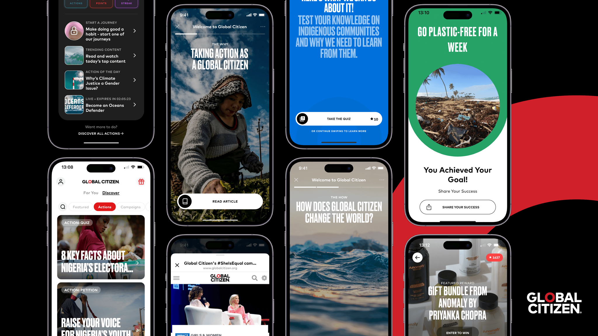 Collage of Global Citizen mobile screens showing articles, challenges, and campaign content