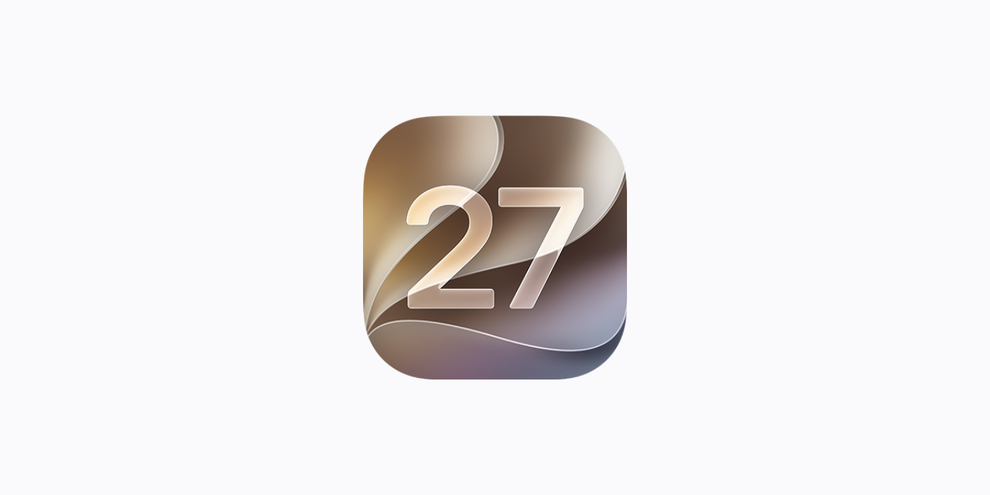 iOS 27 icon with translucent numerals over a soft taupe and silver background.