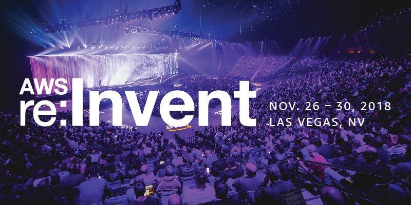 AWS re:Invent 2018 Las Vegas event graphic over a packed conference audience