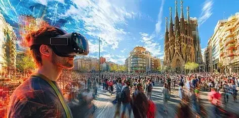 Person wearing a VR headset in a crowded Barcelona plaza near Sagrada Famlia