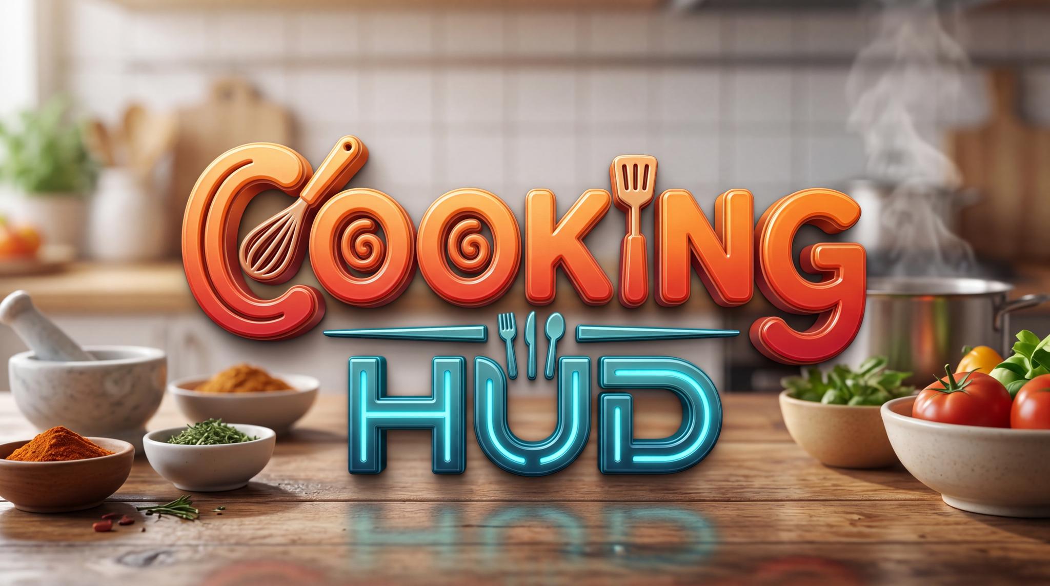 Colorful Cooking Hub title graphic on a kitchen counter