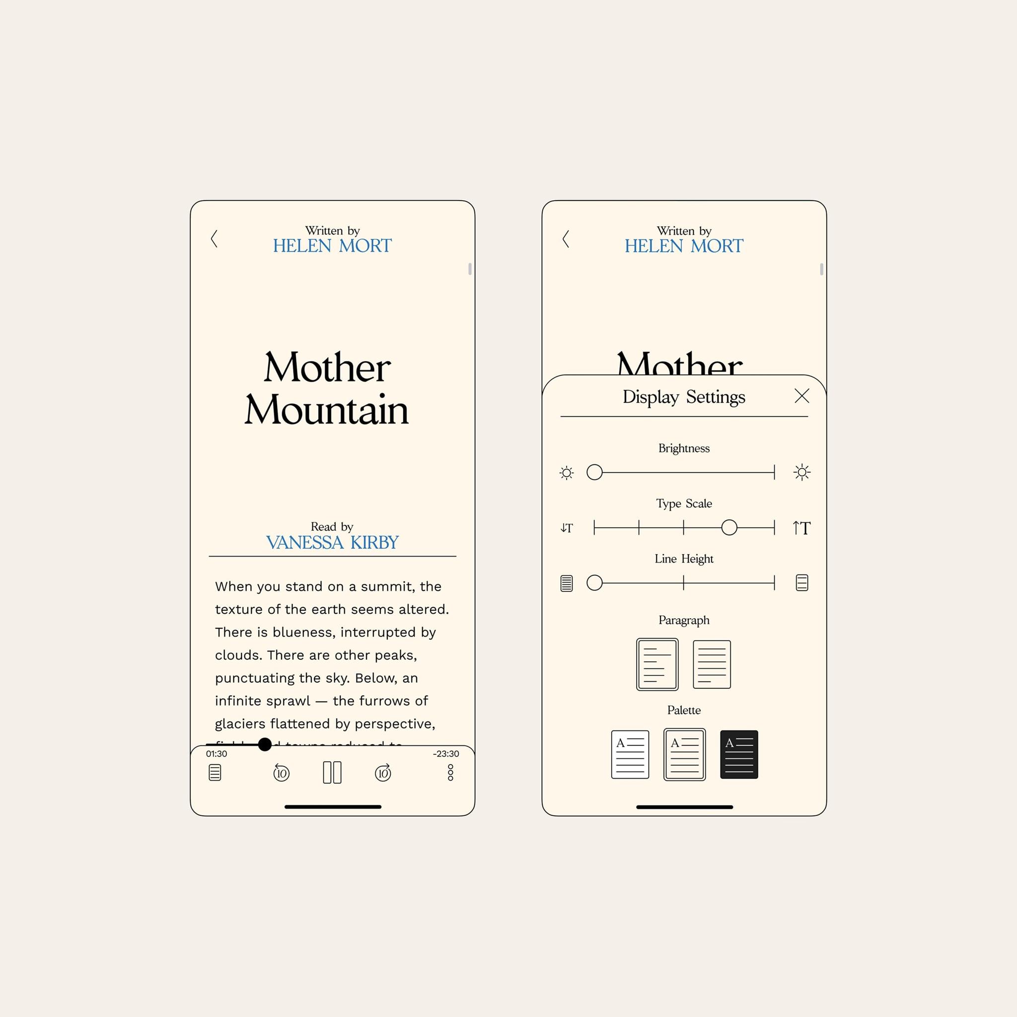 Two e-reader screens showing a book cover and display settings for Mother Mountain by Helen Mort