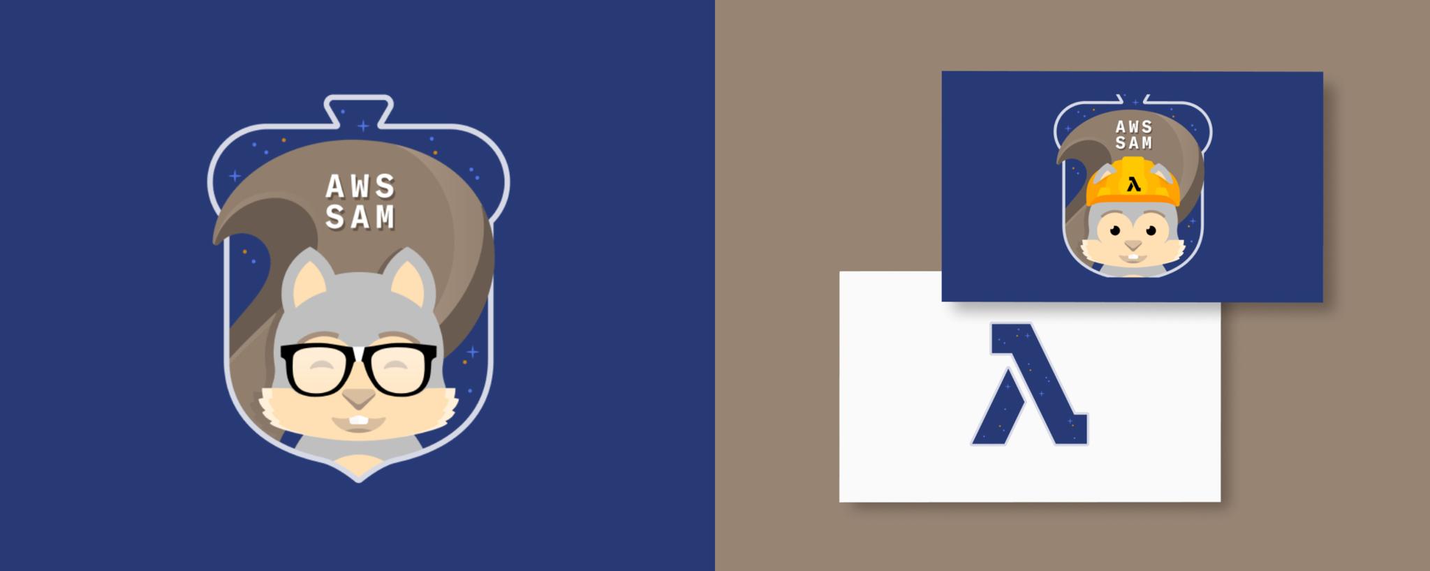 AWS SAM mascot badge and cards featuring the Lambda logo