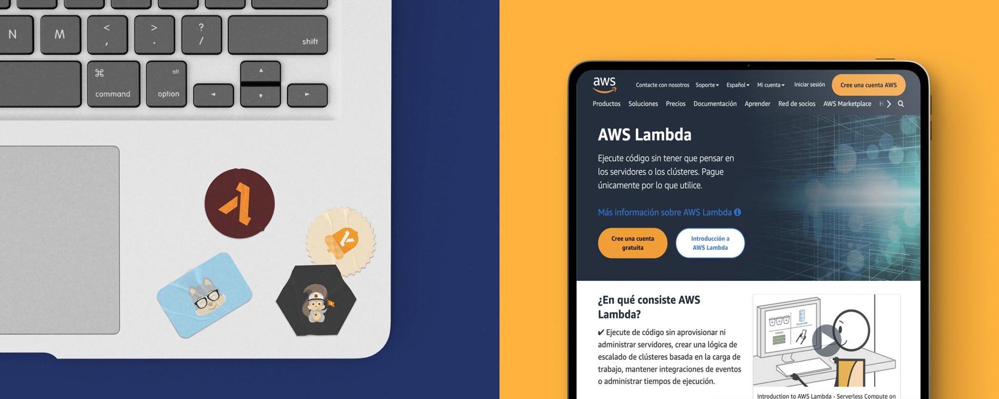 Laptop with tech stickers beside a screen showing an AWS Lambda webpage
