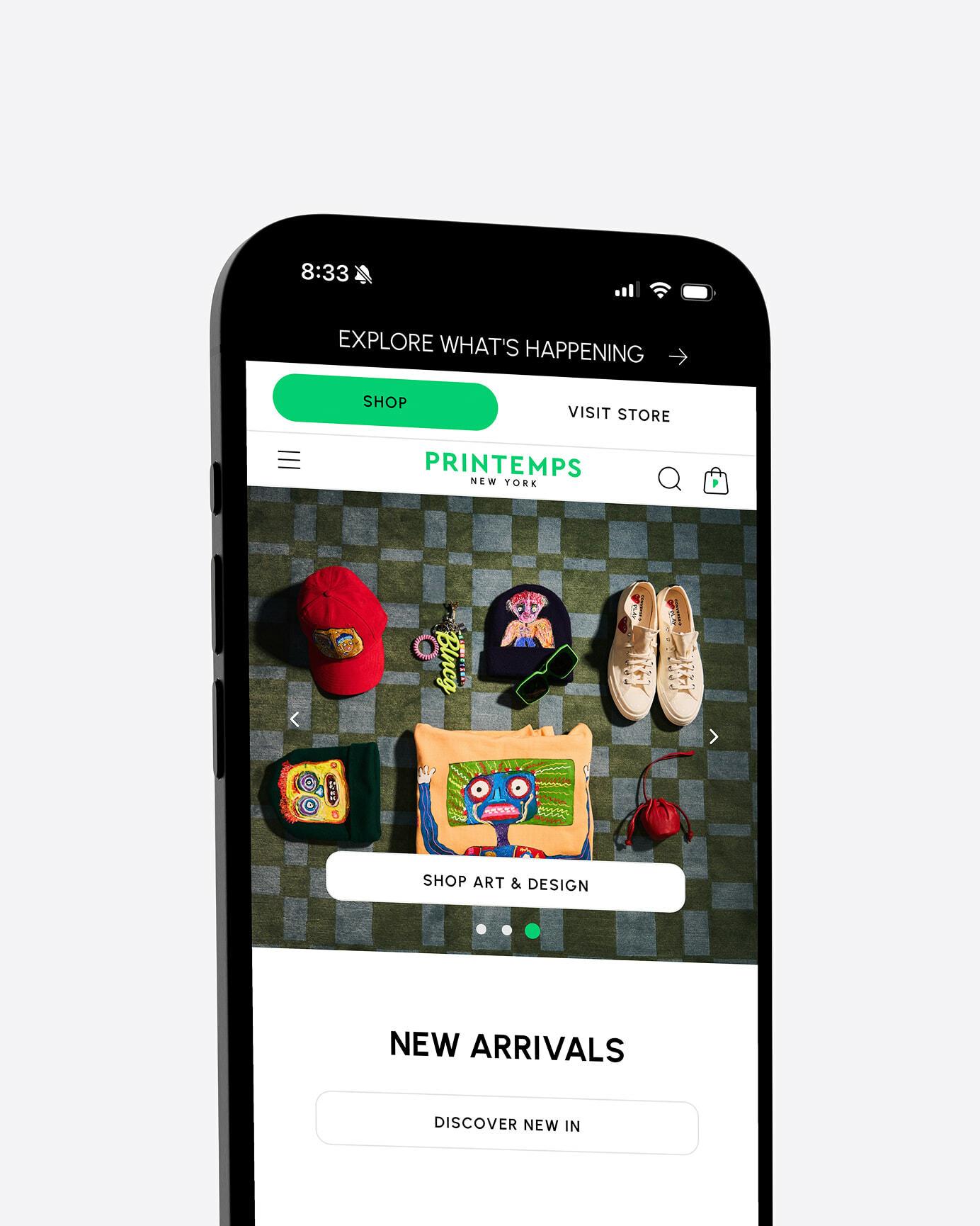 Smartphone showing the Printemps website with art and design products