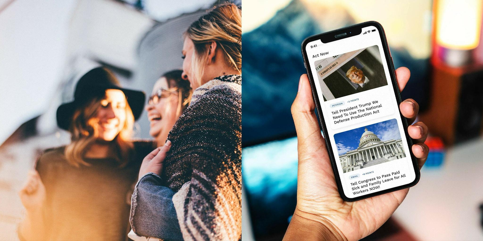 Friends laughing next to a phone showing civic action alerts