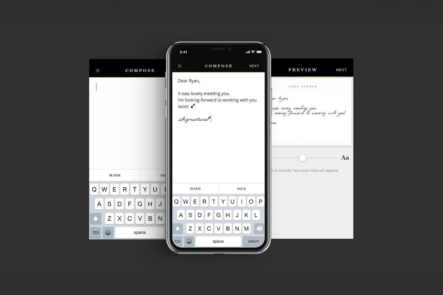 Smartphone showing a letter composing app with keyboard, flanked by compose and preview screens