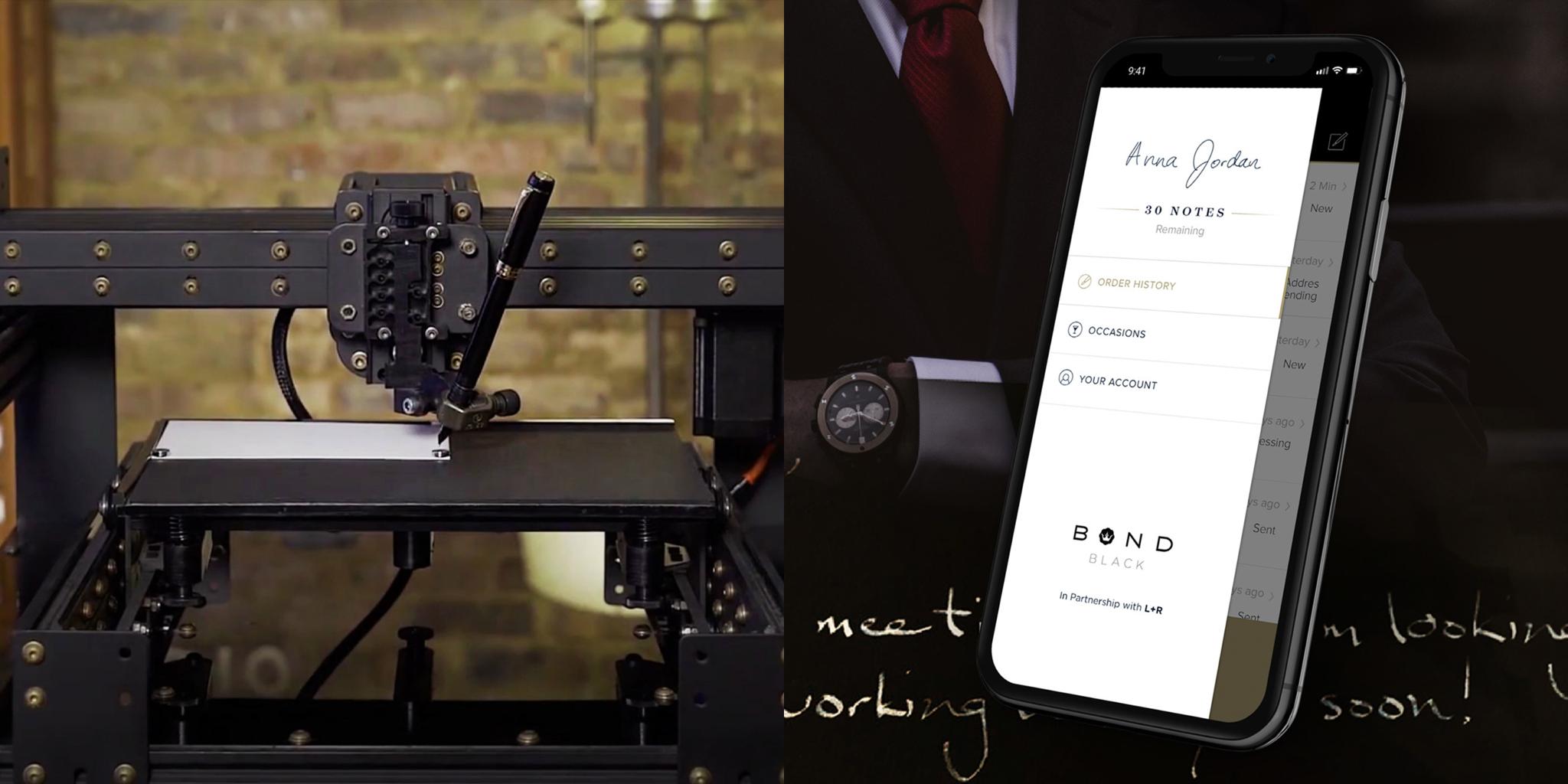 3D printer beside a smartphone showing a notepad app, with handwritten notes in the background