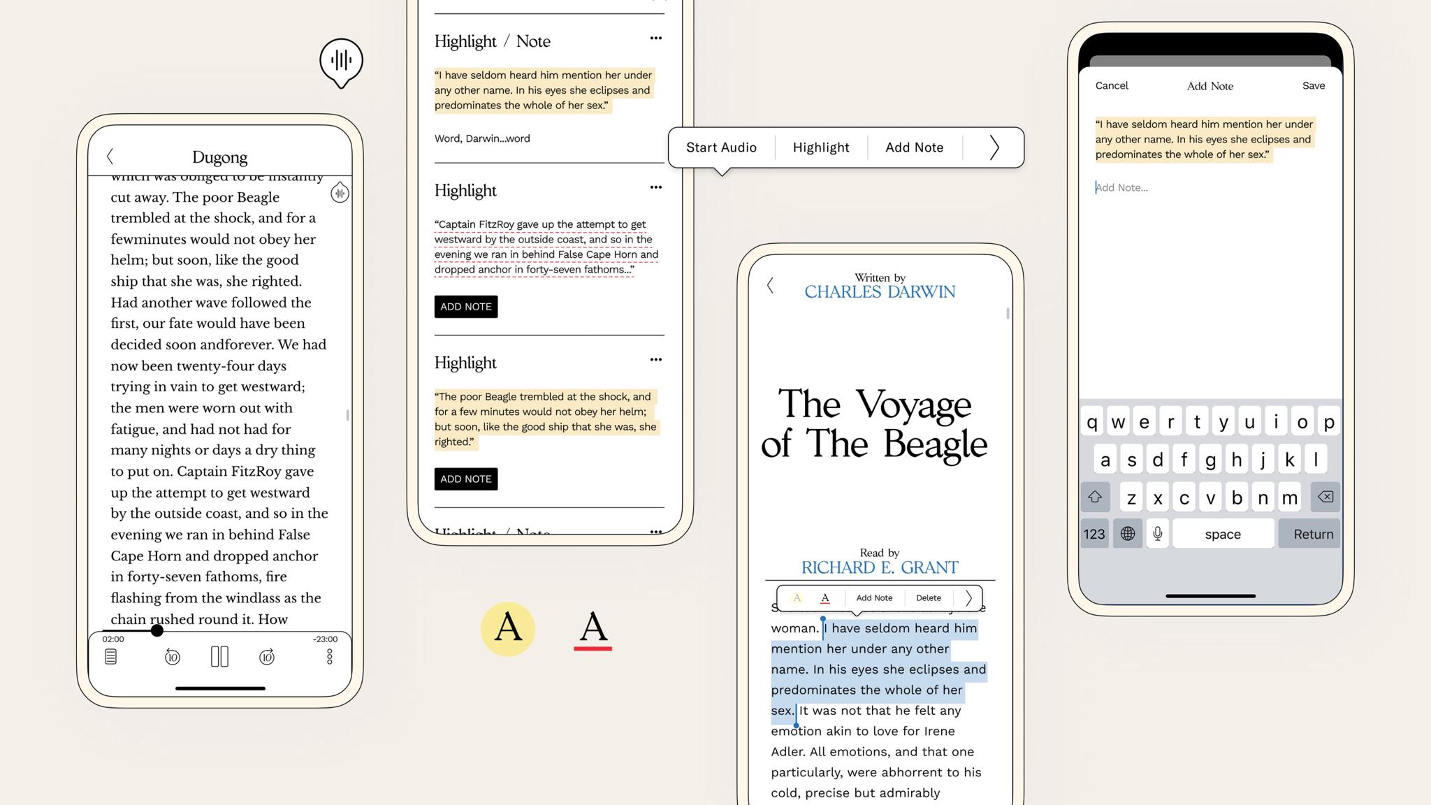 E-reader app showing highlights, notes, and text editing features across tablet and phone screens