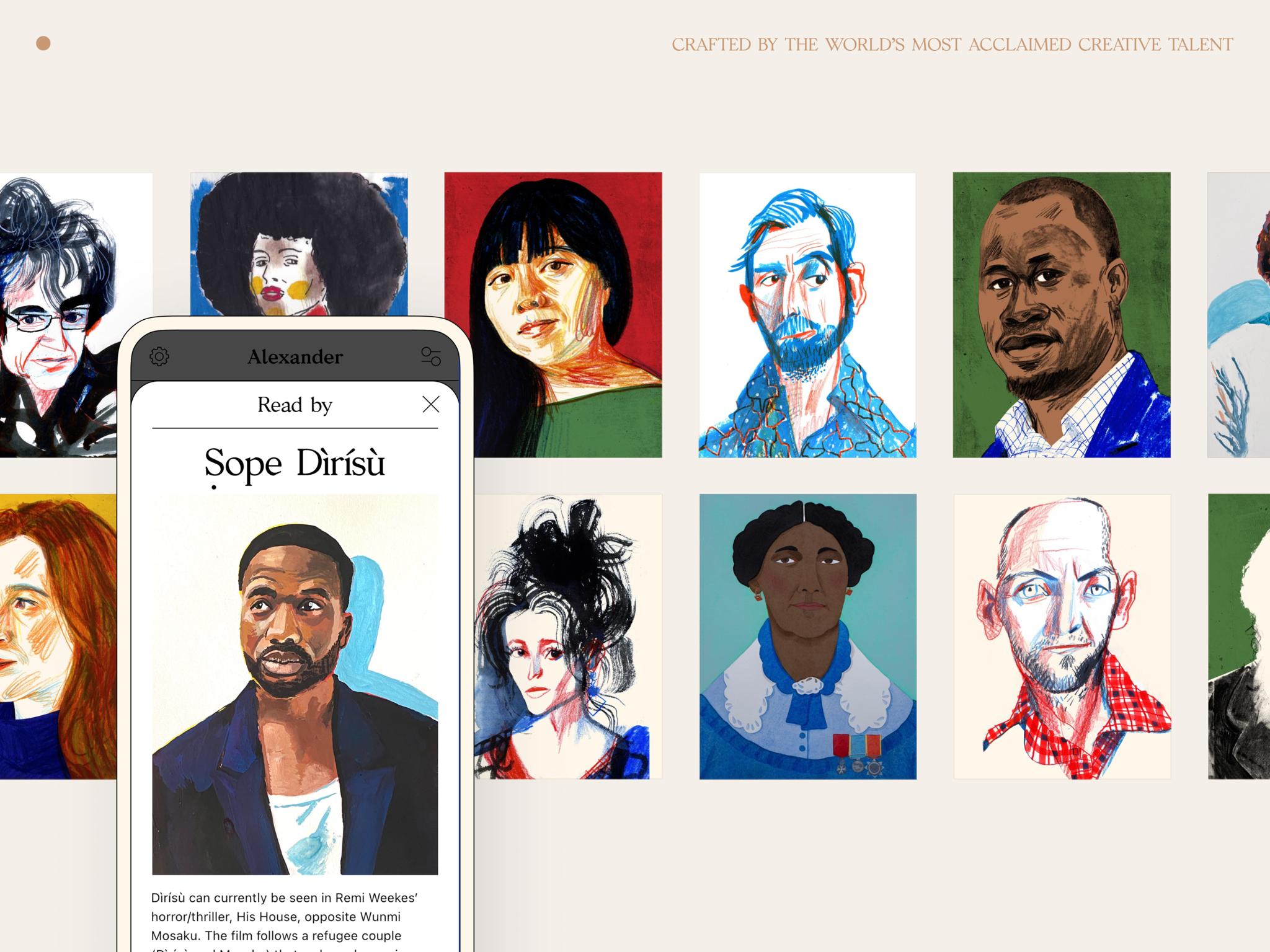 Digital gallery of colorful portrait illustrations with a smartphone showing a profile page