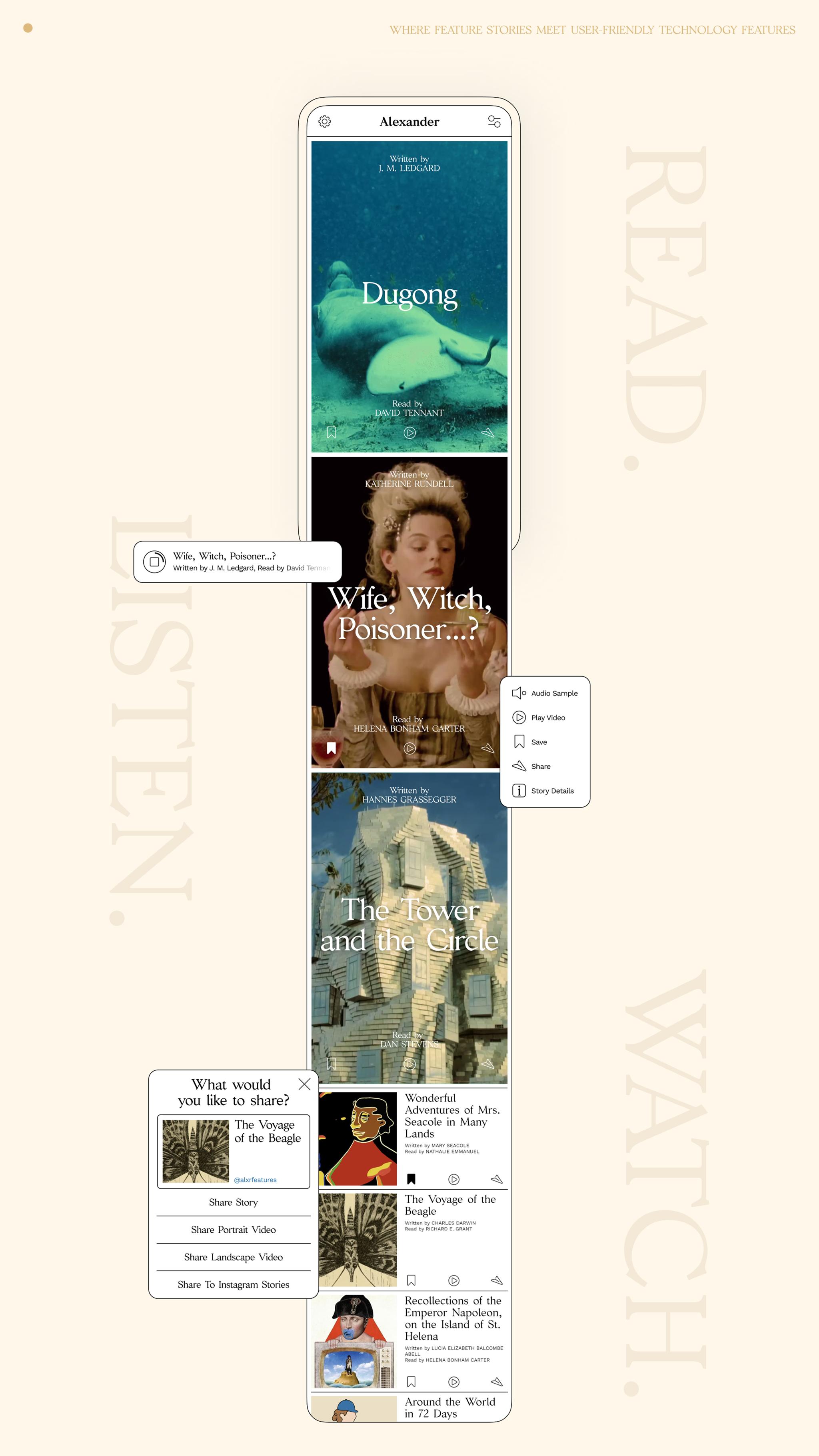 Mobile story app mockup with "Read," "Listen," and "Watch" text in the background.