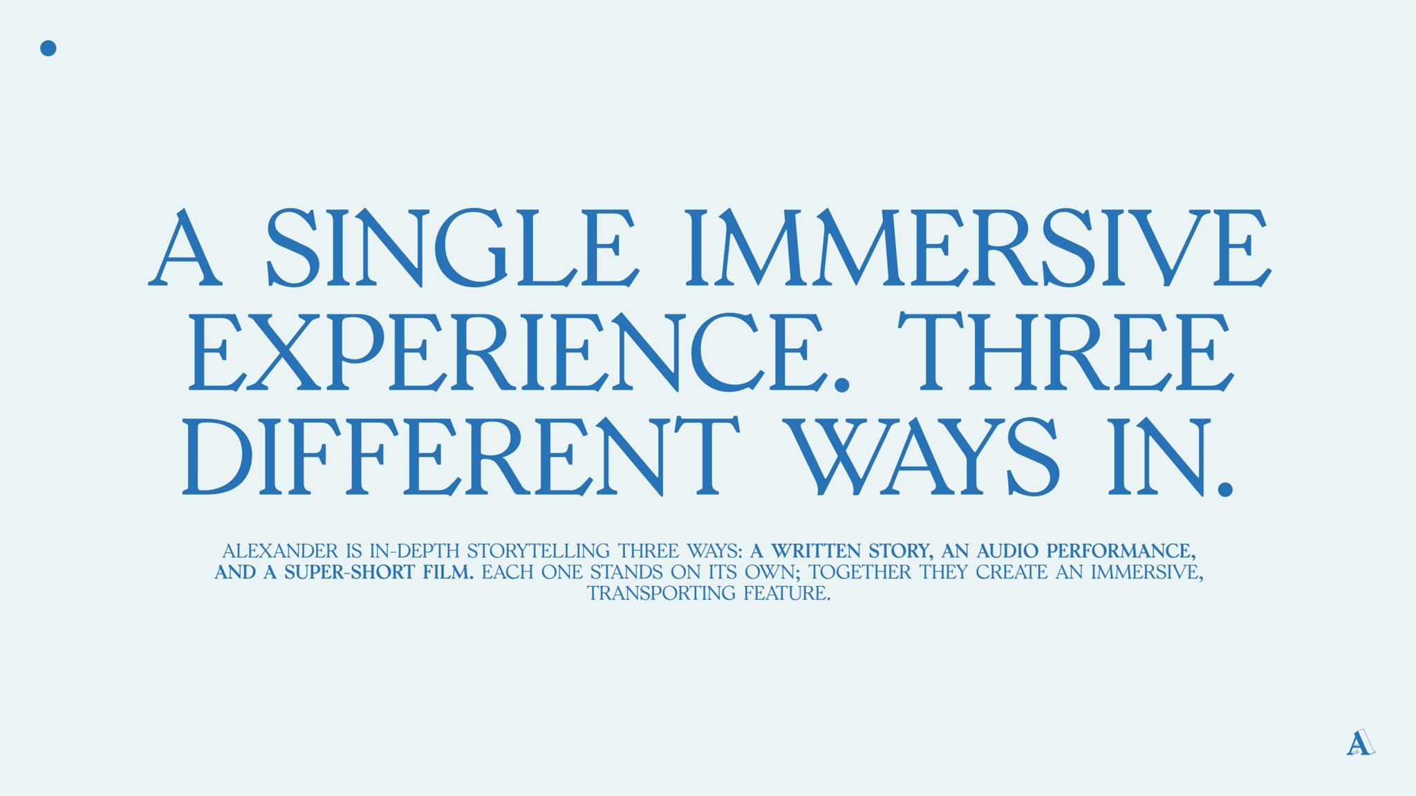 Wide blue text poster explaining written stories, audio performances, and short films.