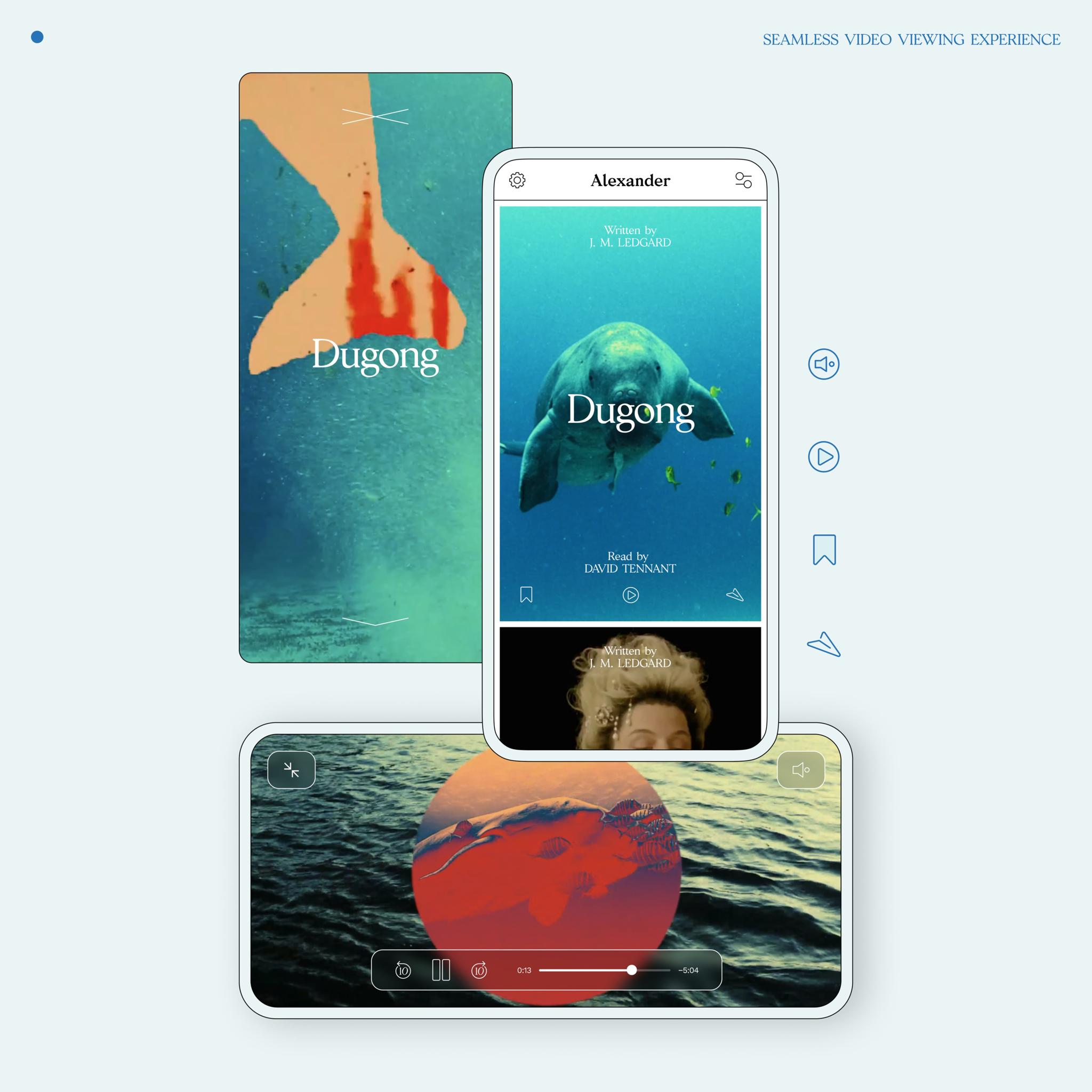 App interface mockup with "Dugong" cards and a landscape video player.