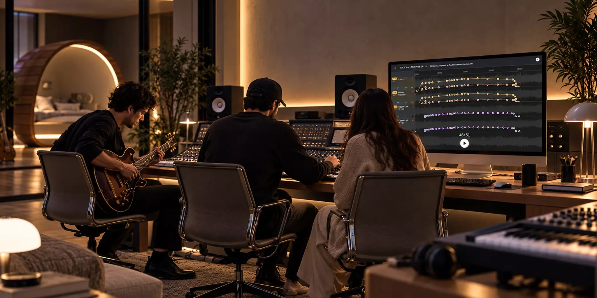 Studio team reviews a Composer interface beside audio equipment and a guitar.