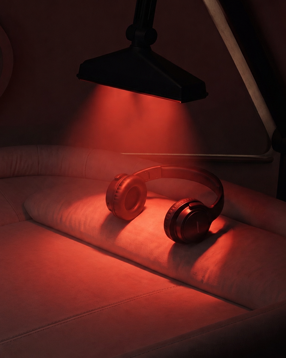 Hand rests on a textured cushion beside warm integrated lighting.