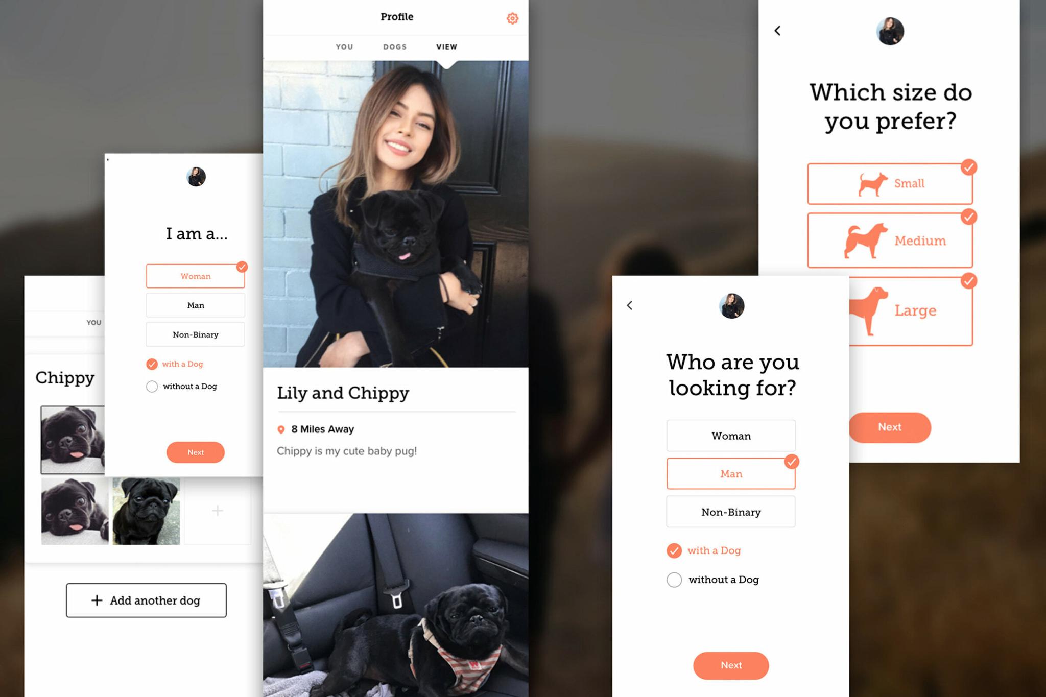 Dog app onboarding and profile screens with size and preference options