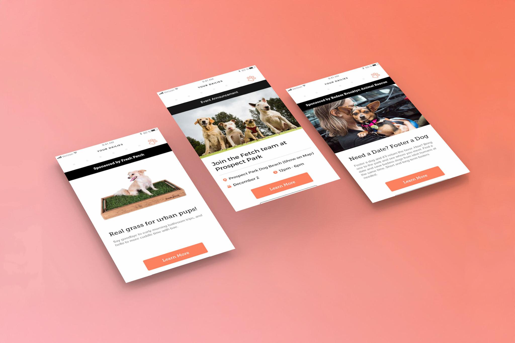Three tilted mobile cards about dogs on a coral background