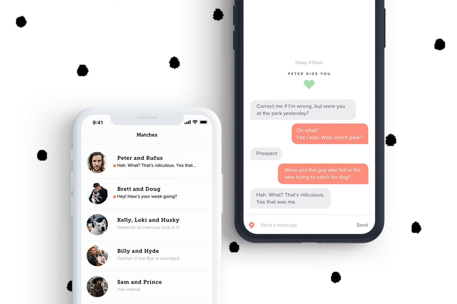 Two smartphone mockups showing matches and a chat conversation