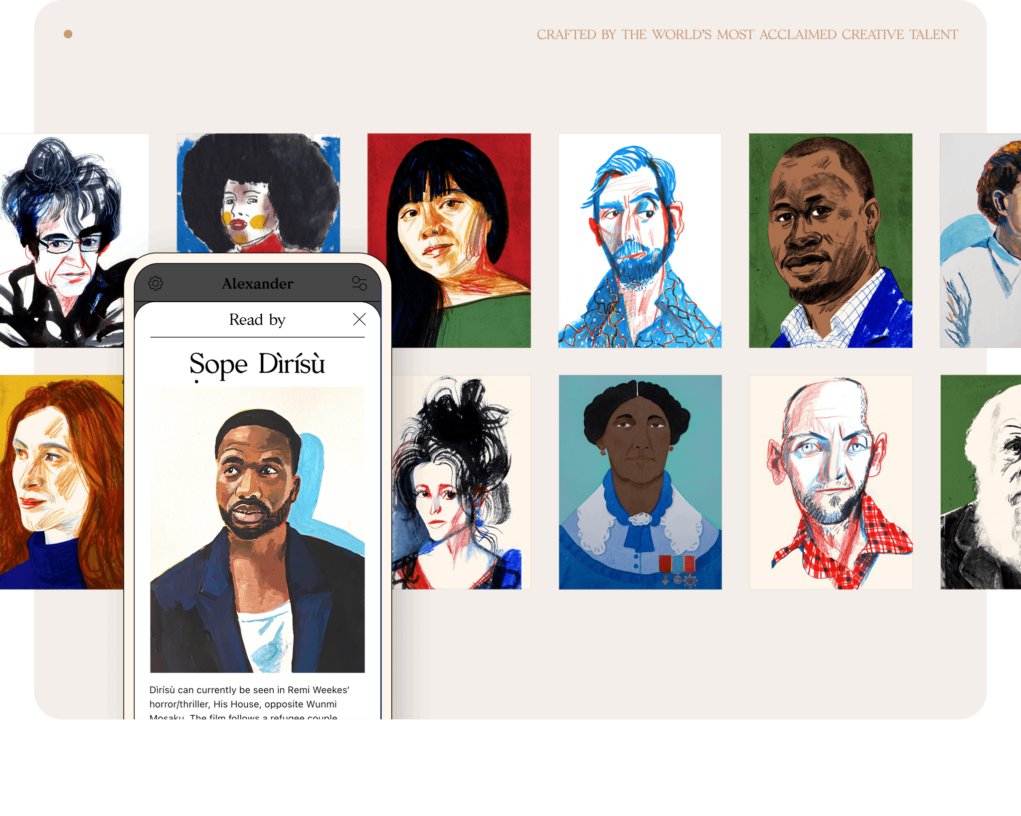 Grid of illustrated narrator portraits with a phone profile card in front.