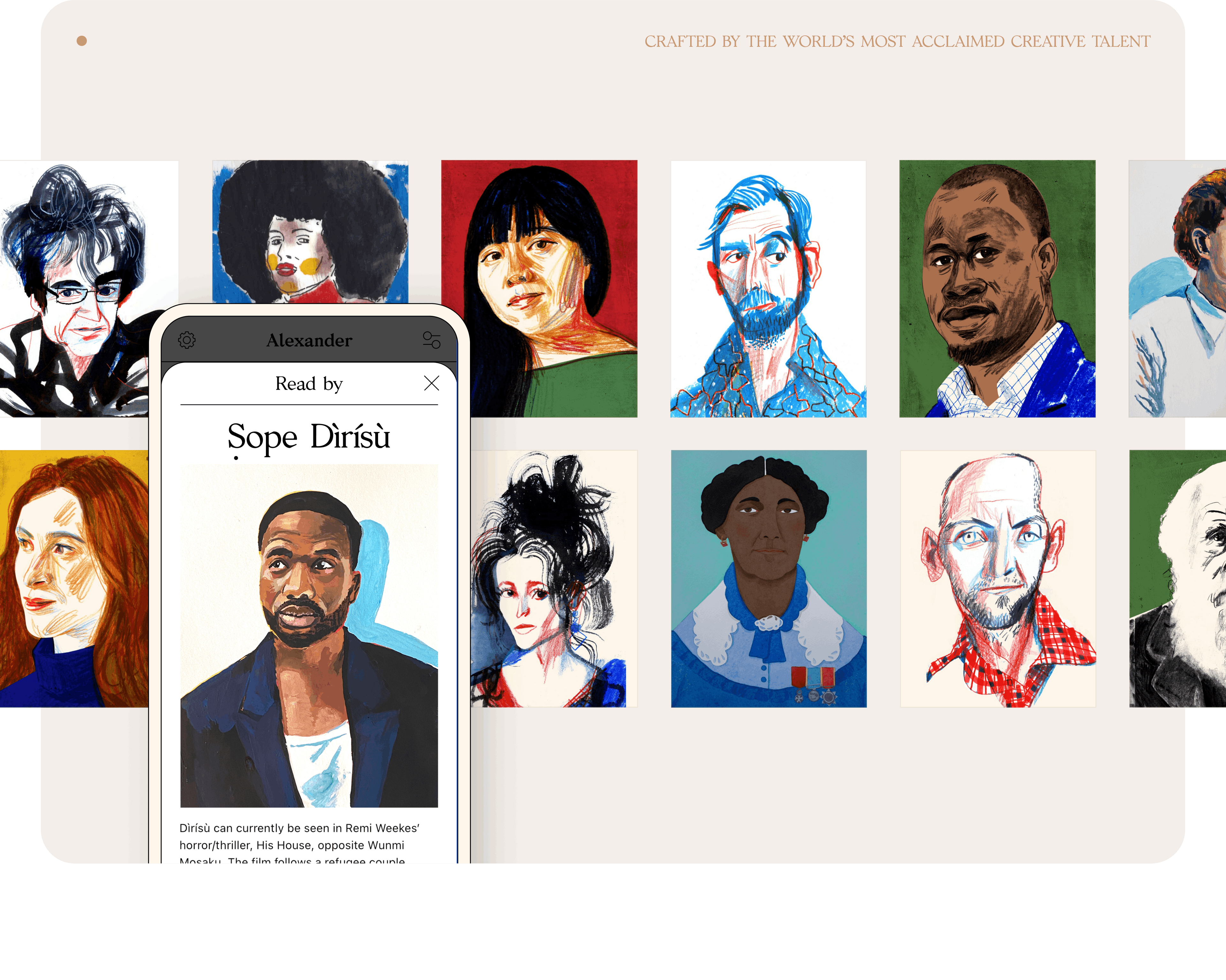Grid of illustrated narrator portraits with a phone profile card in front.