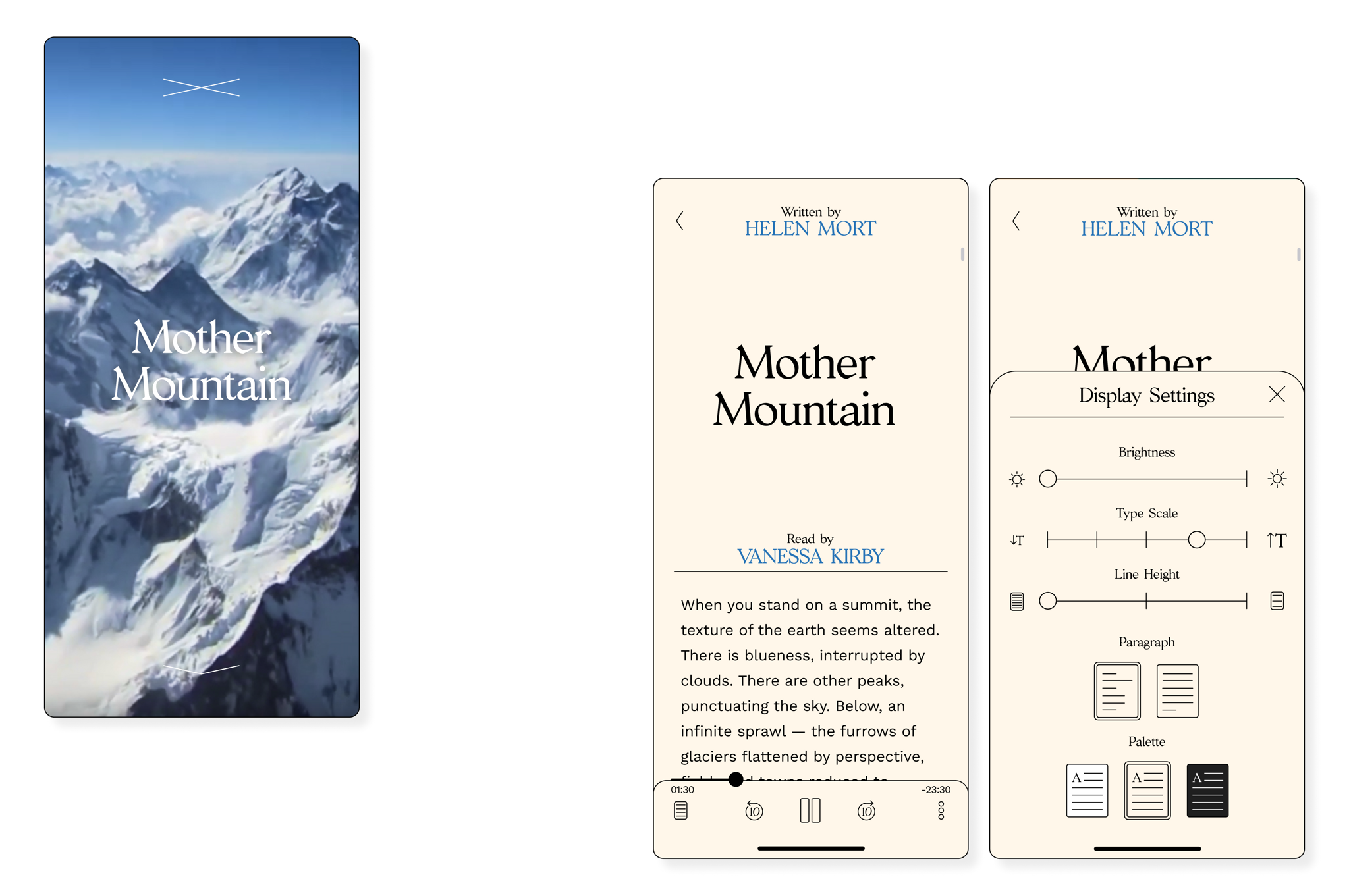 Mother Mountain audiobook app shown on three phone screens against black.