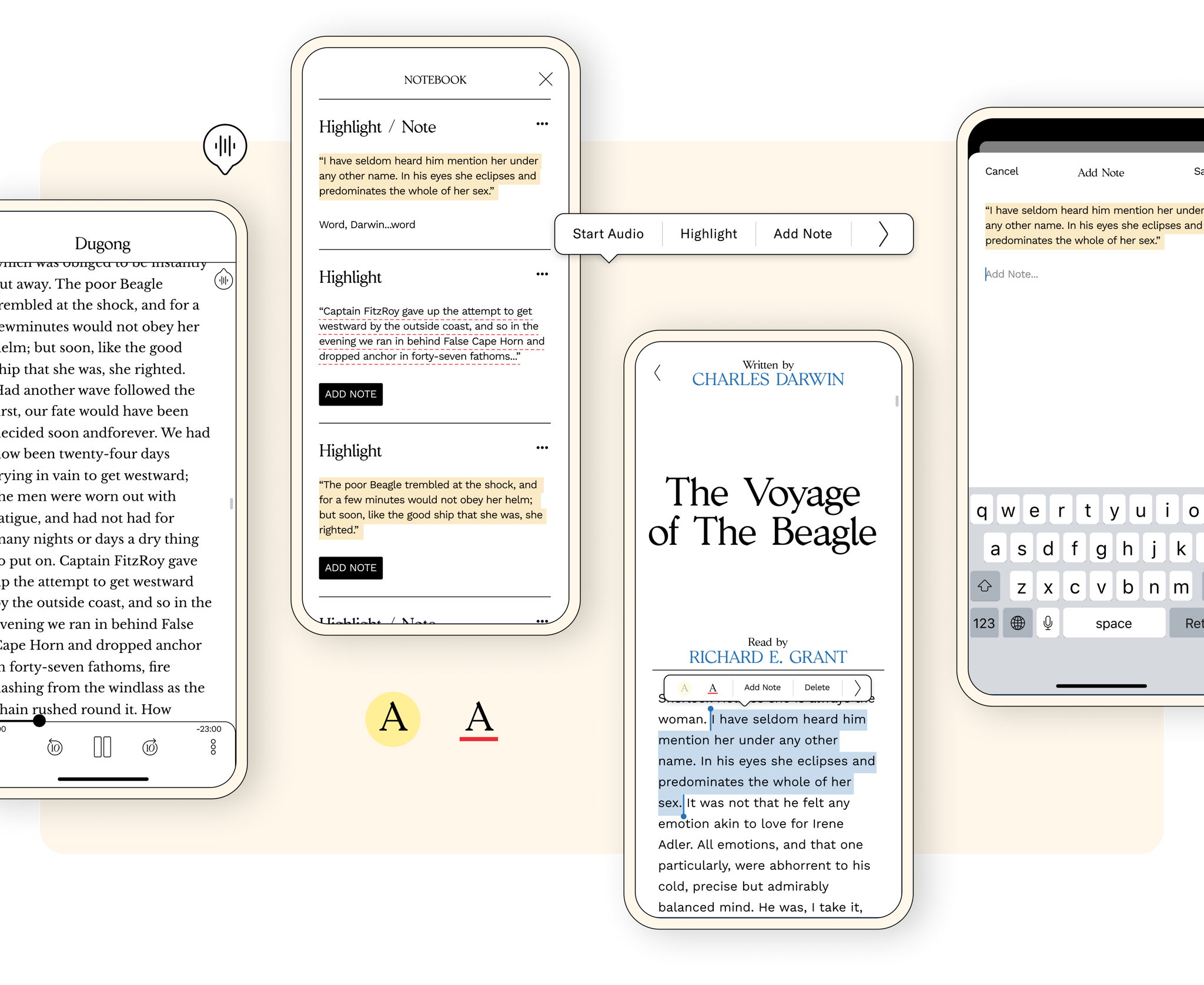 Collage of The Voyage of The Beagle reading app tools, highlights, notes, and keyboard.