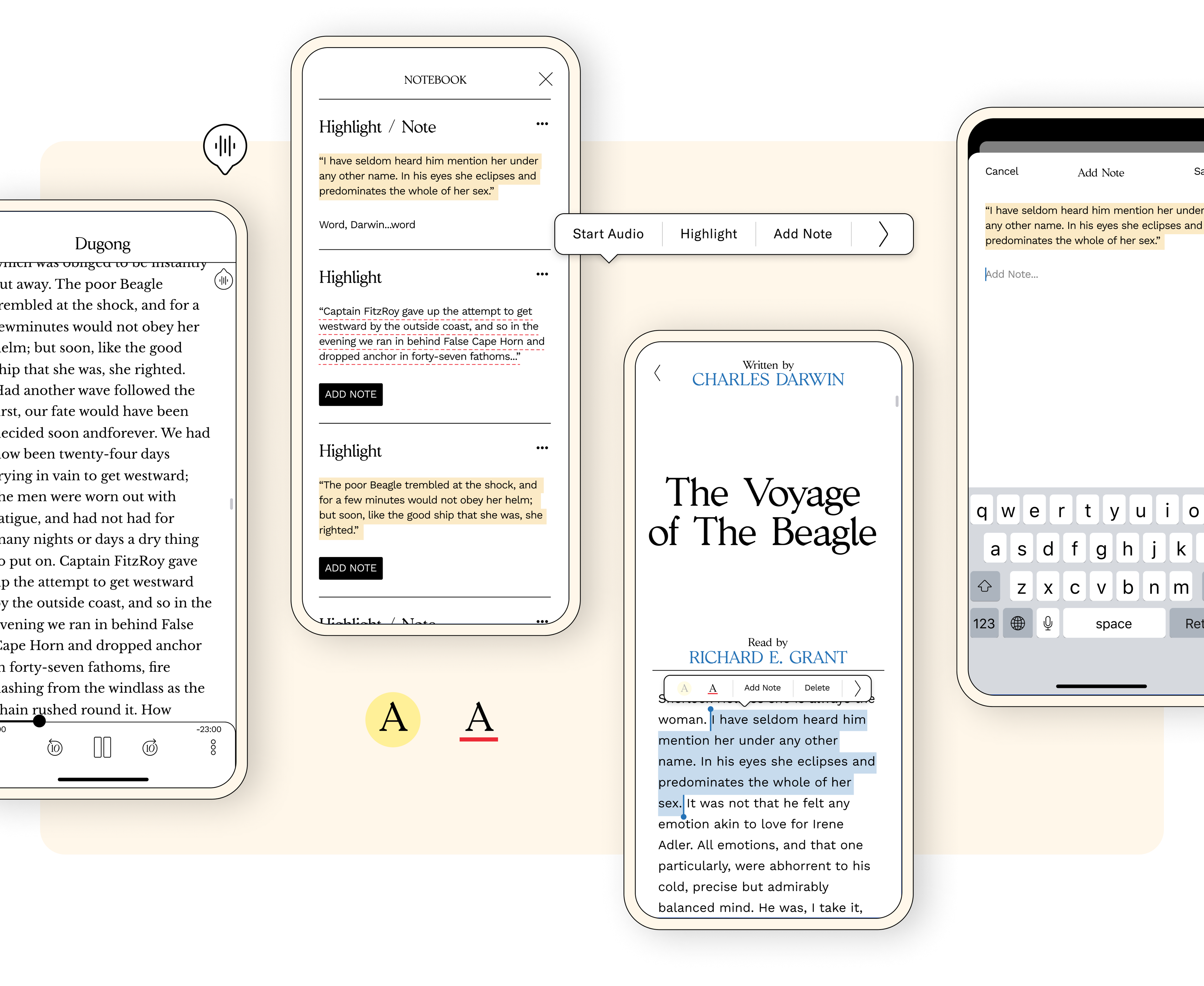 Collage of The Voyage of The Beagle reading app tools, highlights, notes, and keyboard.