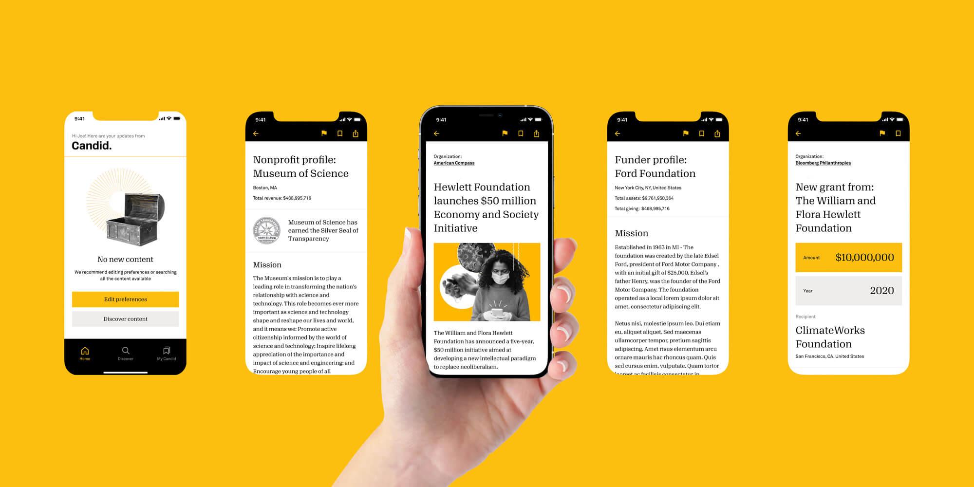 Candid mobile app screens displayed across a yellow background.