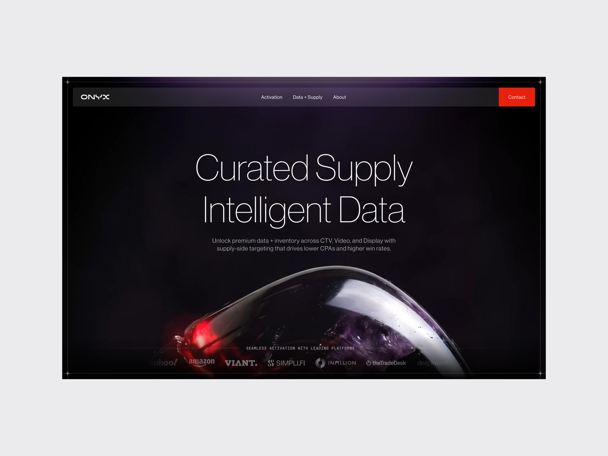 Website hero screen reading Curated Supply Intelligent Data with abstract sphere