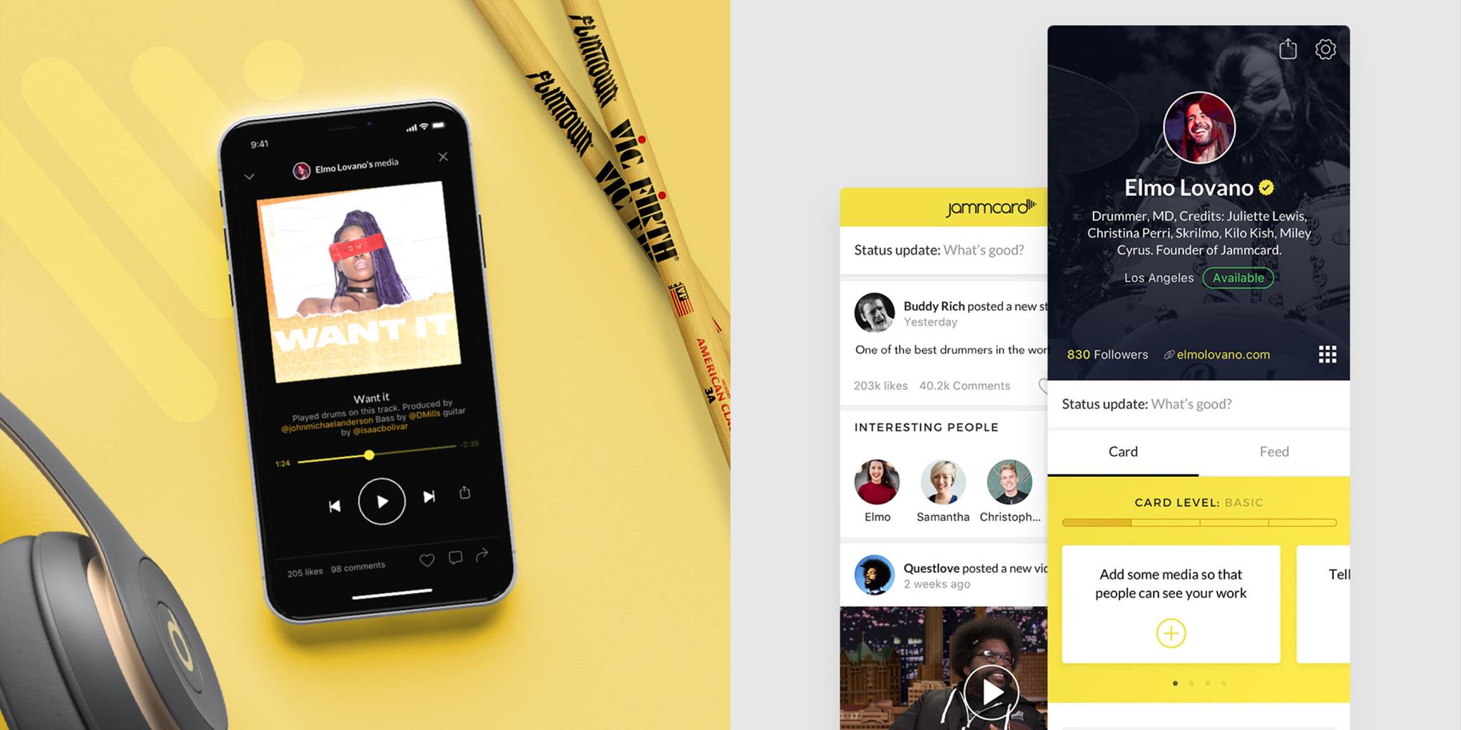 Smartphone music app beside headphones and pencils, with a social profile interface mockup on the right