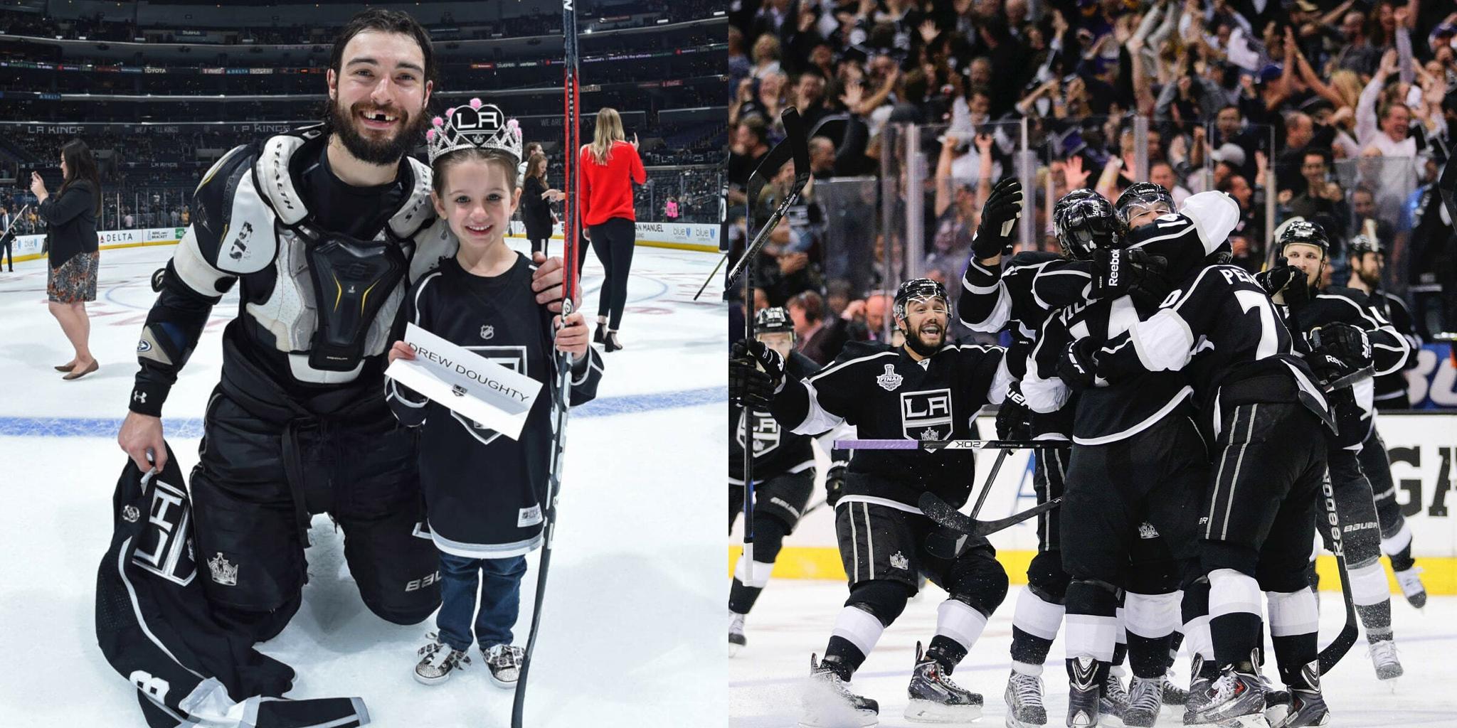 Split image of a LA Kings goalie with a child and players celebrating on the ice