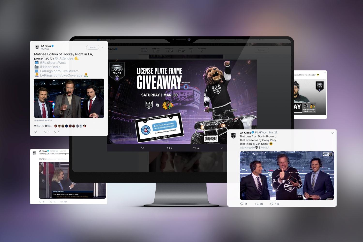 LA Kings social media posts floating around a desktop monitor