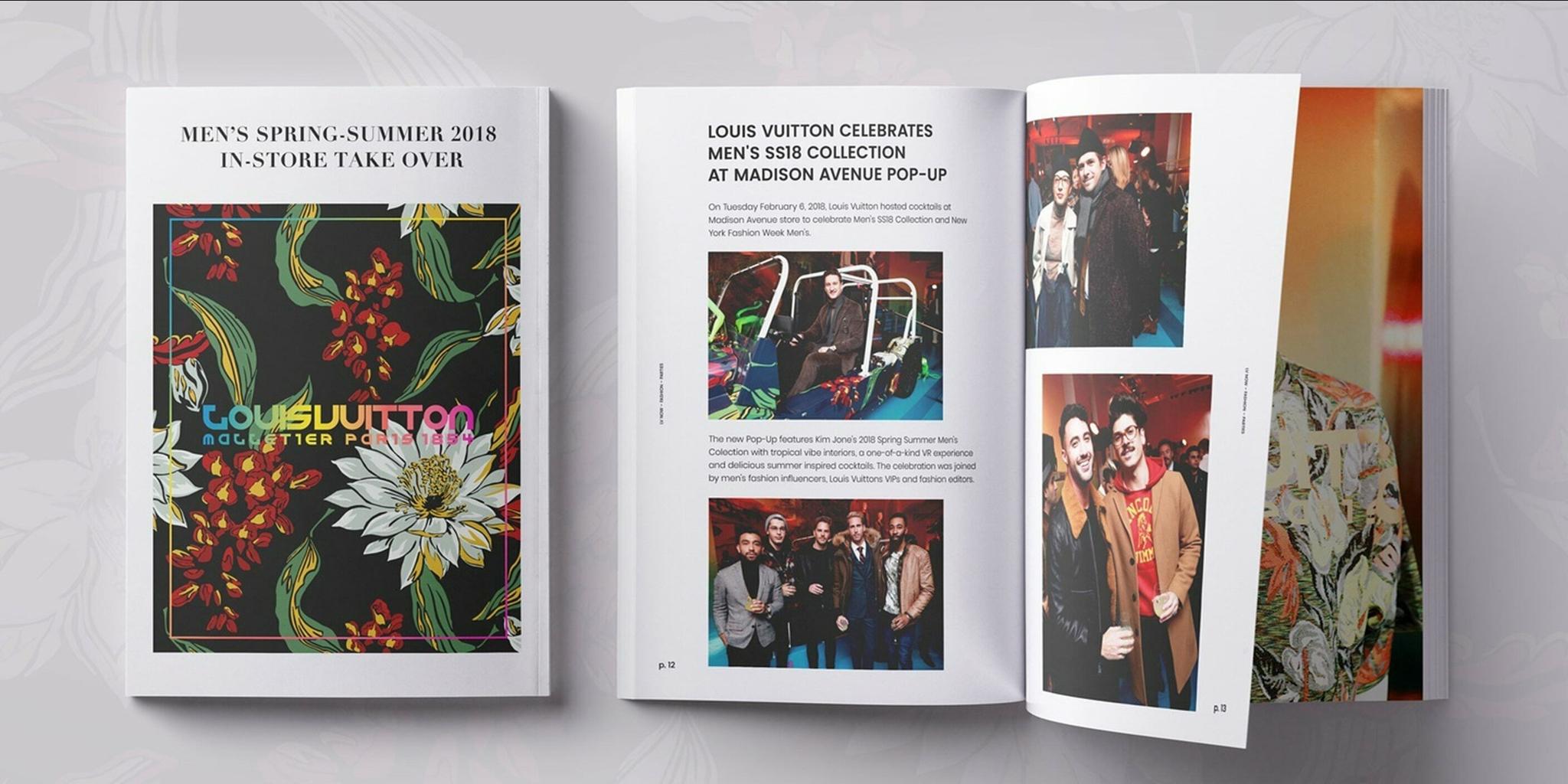 Open Louis Vuitton magazine spread with event photos and floral artwork