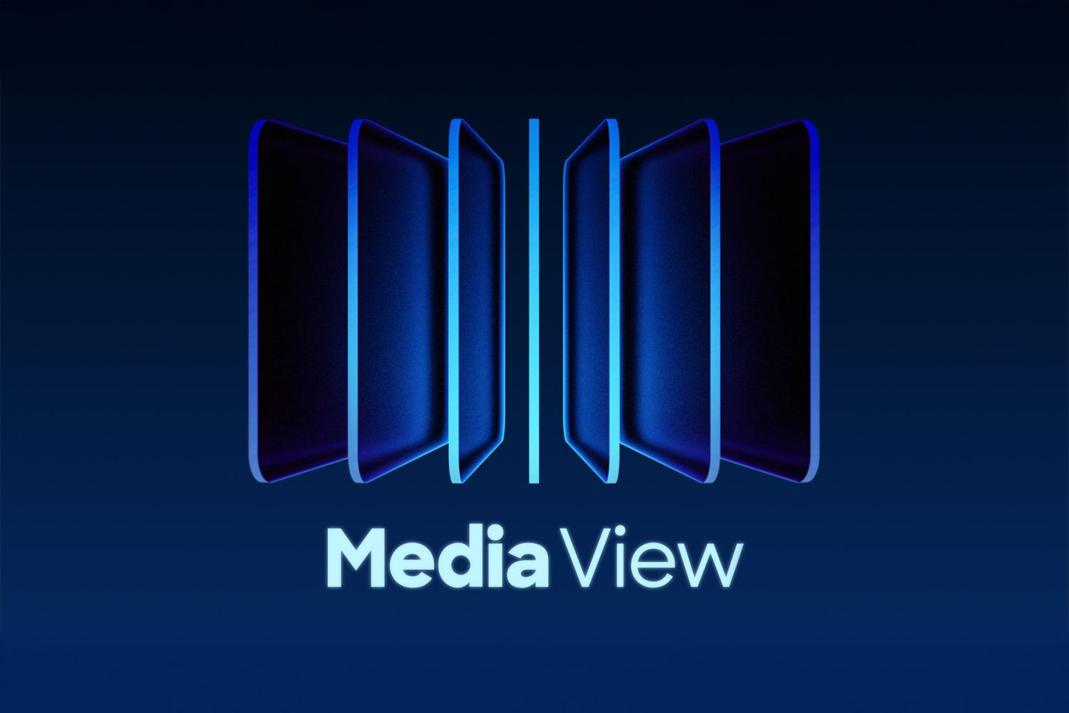 Wide Media View logo with glowing blue panel icon on a dark background