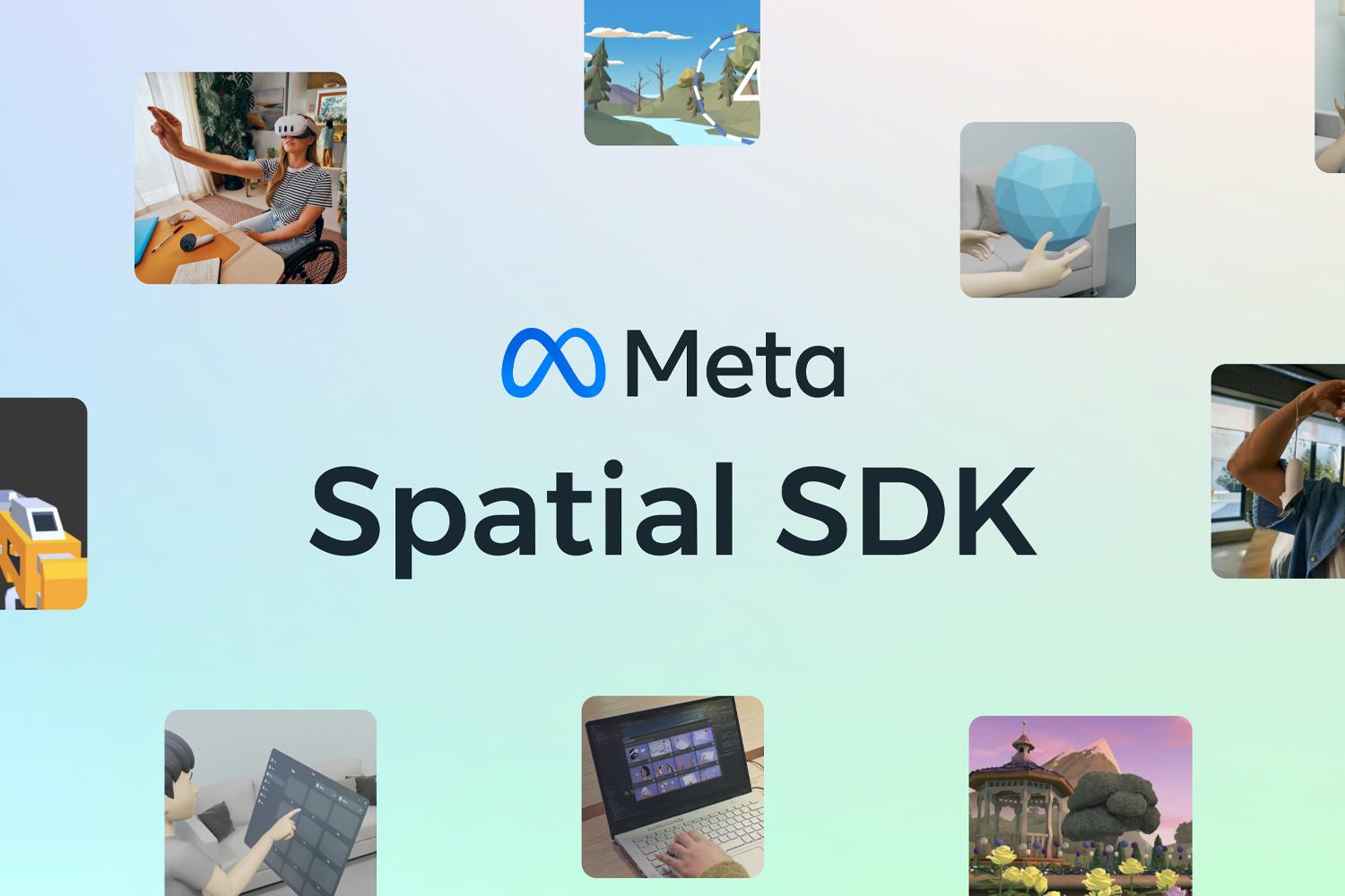 Meta Spatial SDK title graphic on a pastel gradient with app thumbnails around it