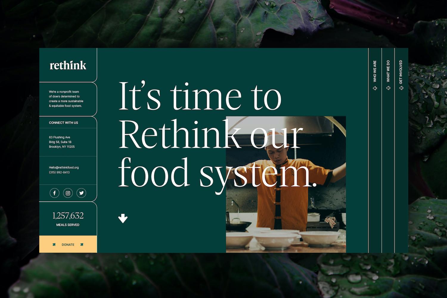 Website mockup for Rethink food system campaign over leafy background
