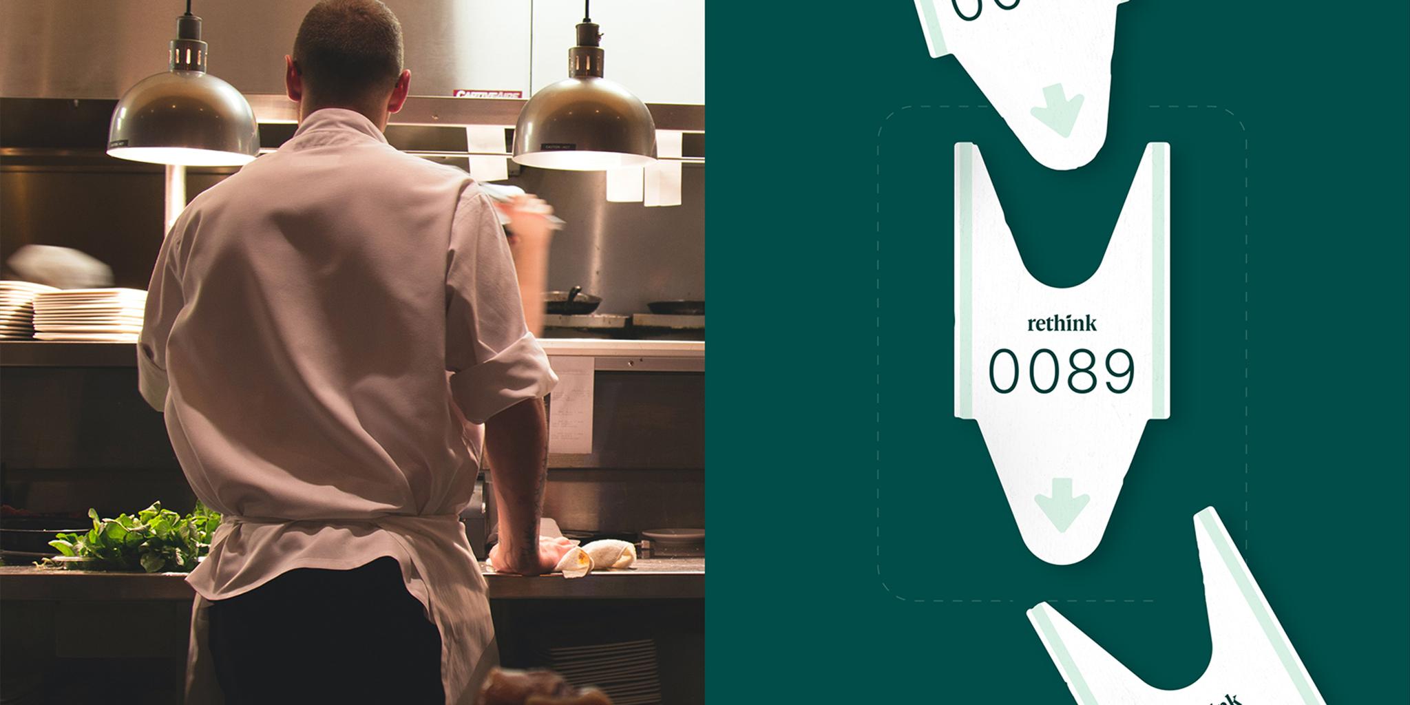 Chef working in a kitchen beside a green graphic of numbered order tickets