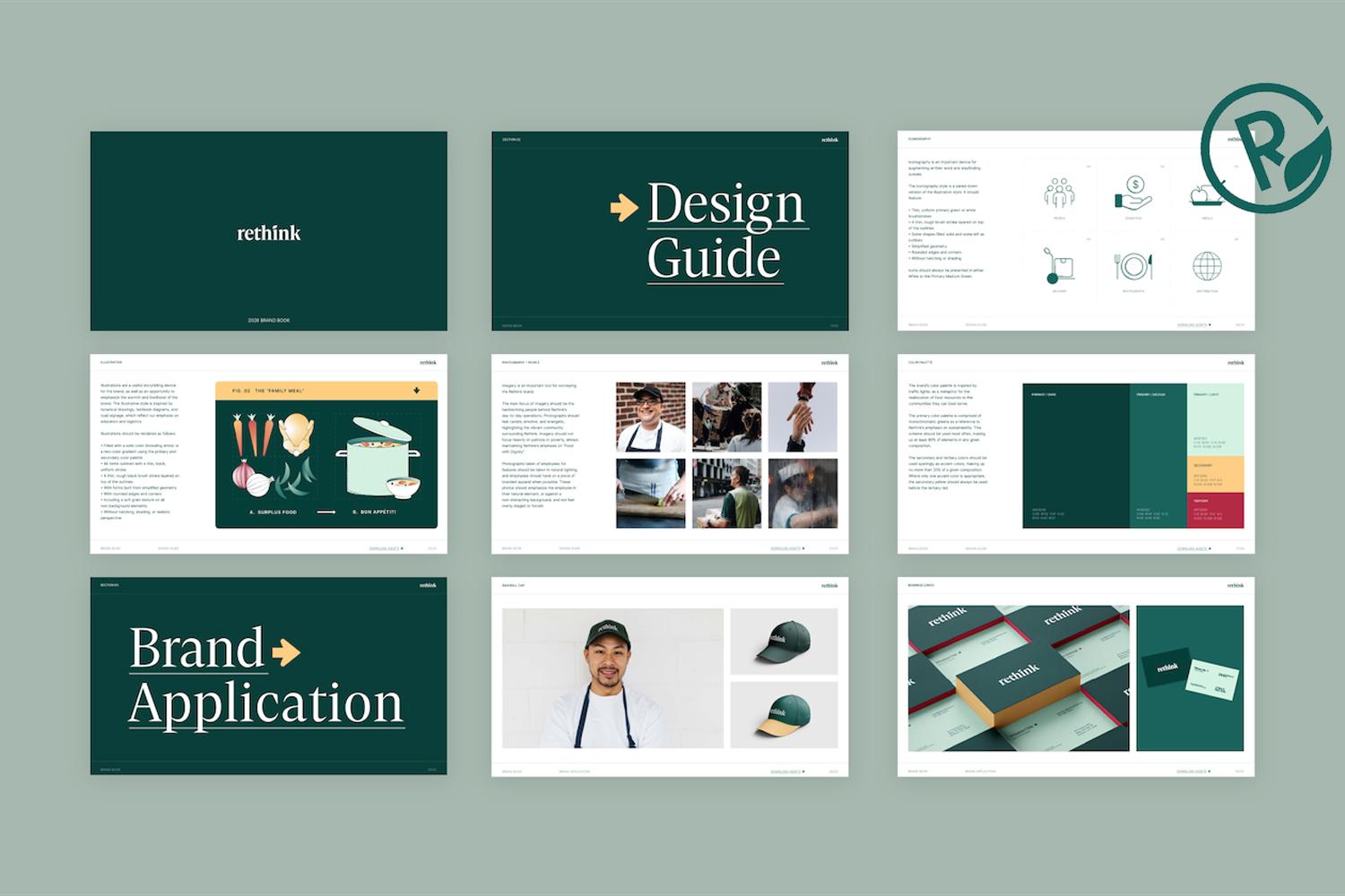 Brand design guide presentation slides arranged on a pale green background